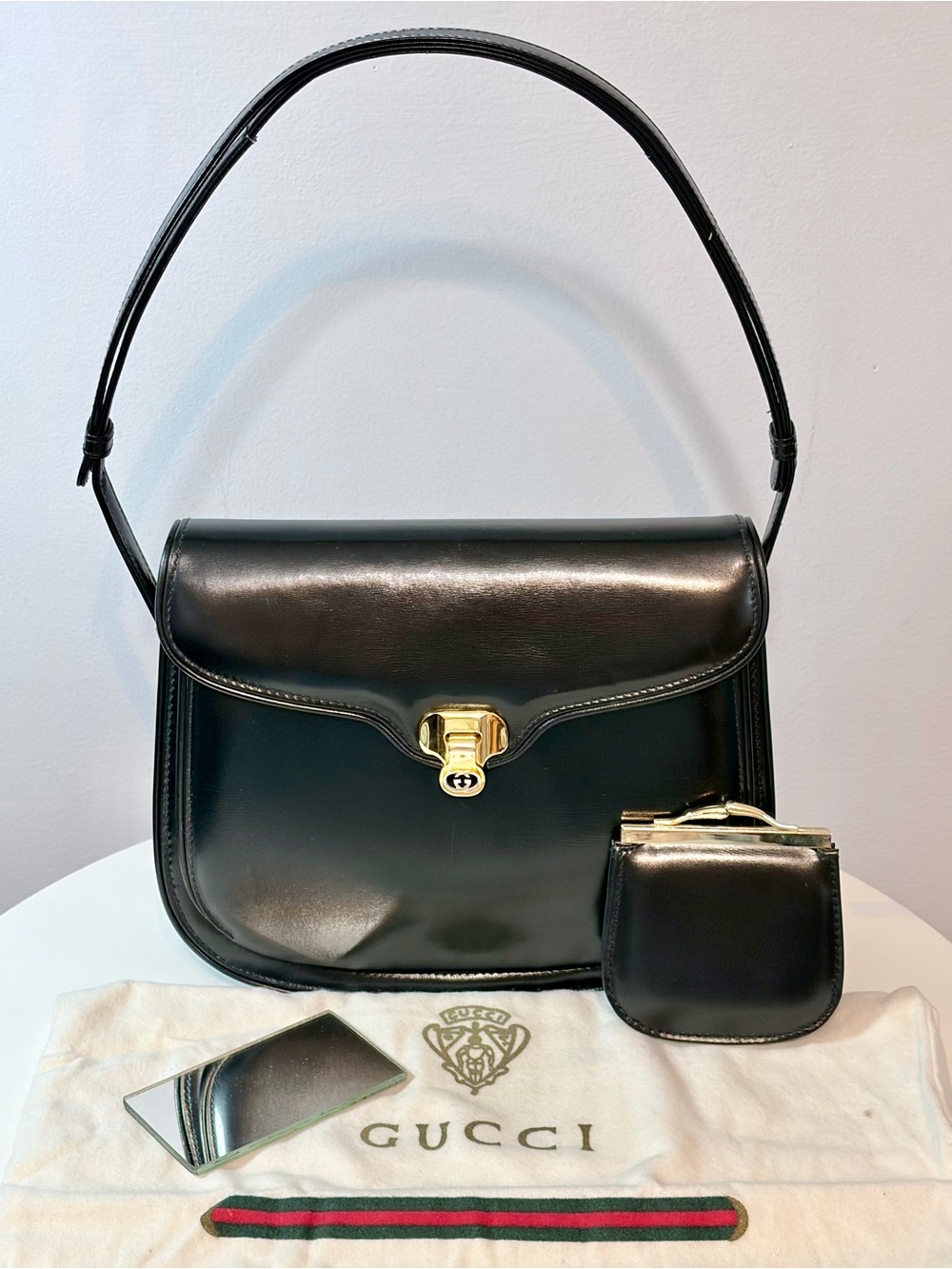 Gucci Vintage Black Leather Shoulder Bag & Dustbag, Kisslock Coin Purse & Mirror